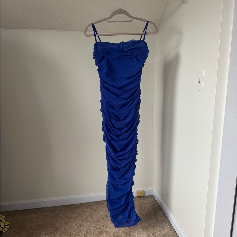 Hot Miami Styles Royal Blue Ruched Spaghetti Strap Dress. NWT